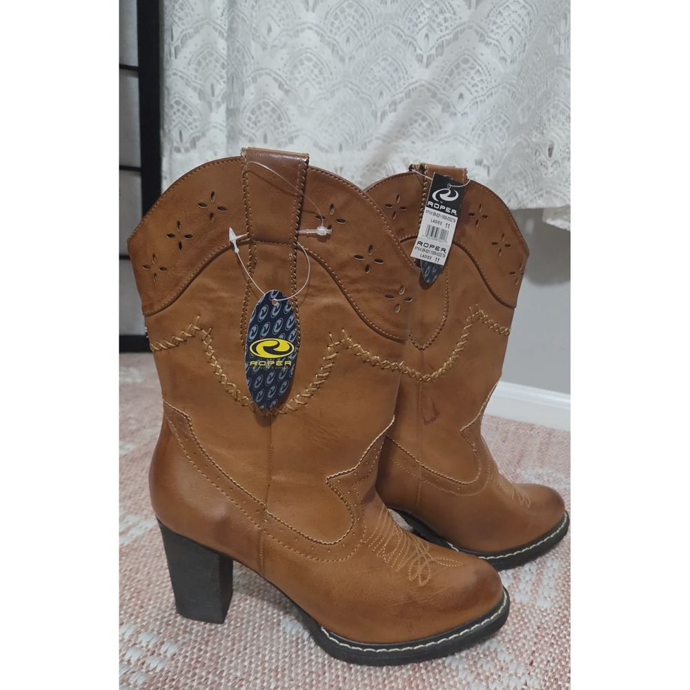 Roper Western Tan Faux Leather Heeled Cowgirl Boots Size 11 Women